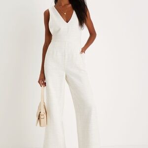 Officially Exceptional Ivory Tweed Lurex Wide-Leg Jumpsuit